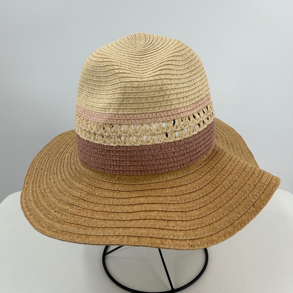 Boho Women Straw Sun Hat Colorblock Pink Tan Woven Wide Brim Floppy Summer Beach